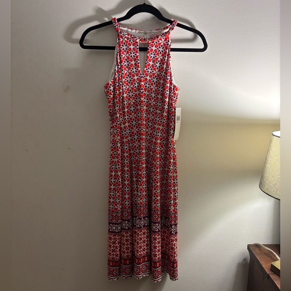Wisp Womens Coral Polyester Geo Print Halter Keyhole Cyndie Jersey Dress